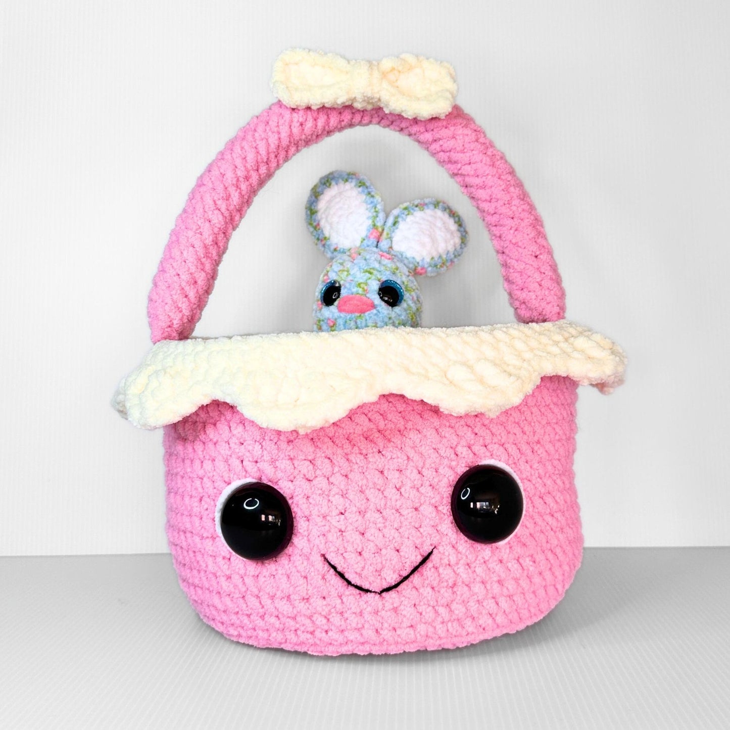 Handmade Crochet Easter Basket – Pink & White Cute Face - pursuitofcraftyness