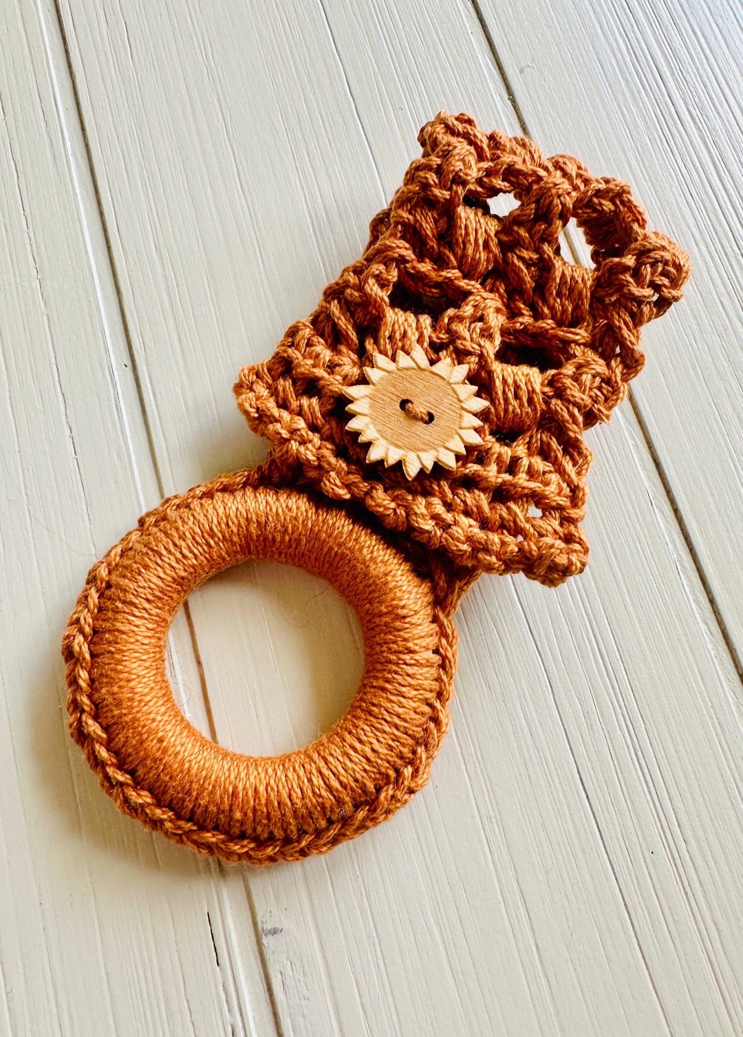 Handmade Crochet Towel Ring: Cotton Kitchen Decor with Button - pursuitofcraftyness