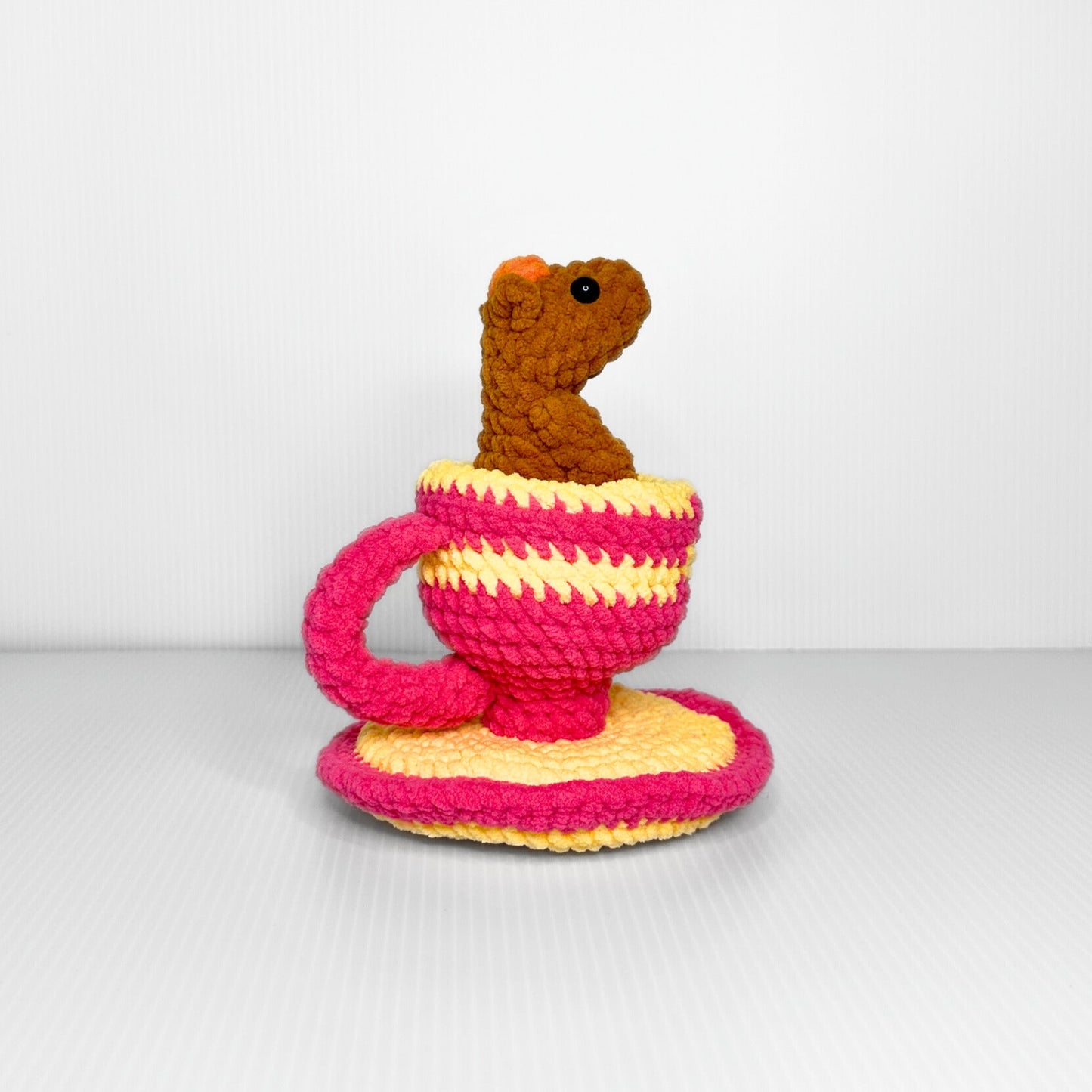 Handmade Teacup Capybara Crochet Plush — Kawaii Capybara in a Striped Cup - pursuitofcraftyness