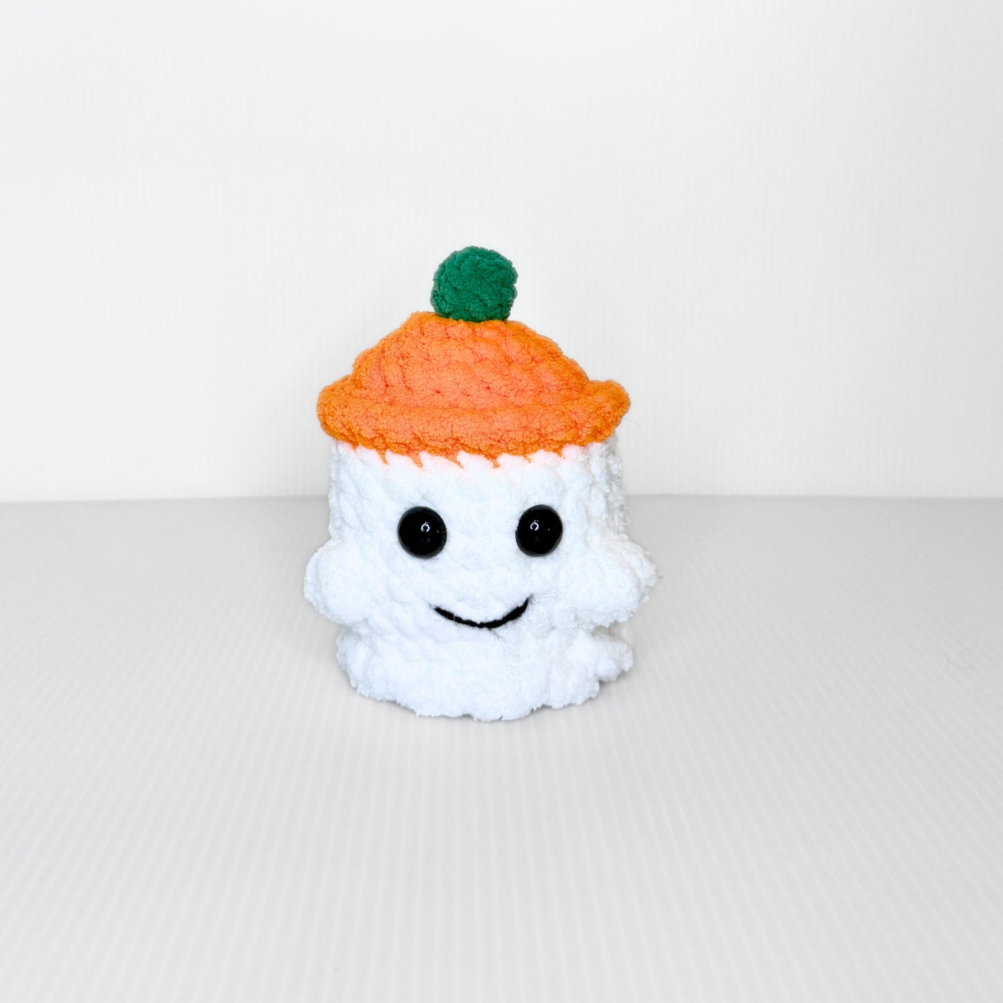 Ghost with Pumpkin Hat — Handmade Crochet Plushie