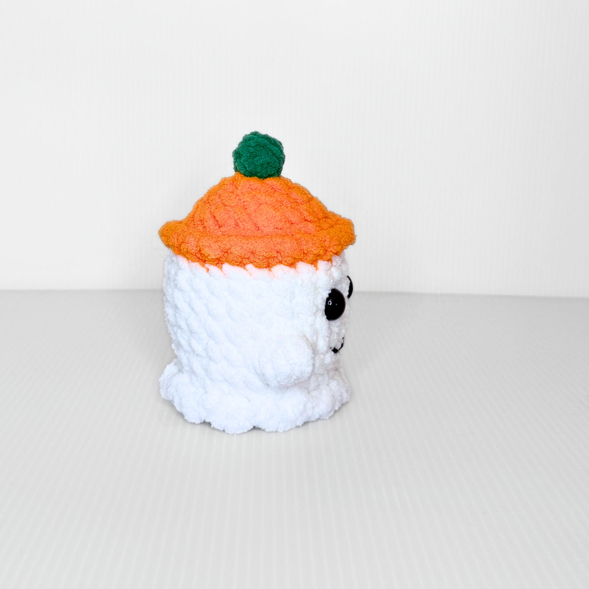 Ghost with Pumpkin Hat — Handmade Crochet Plushie