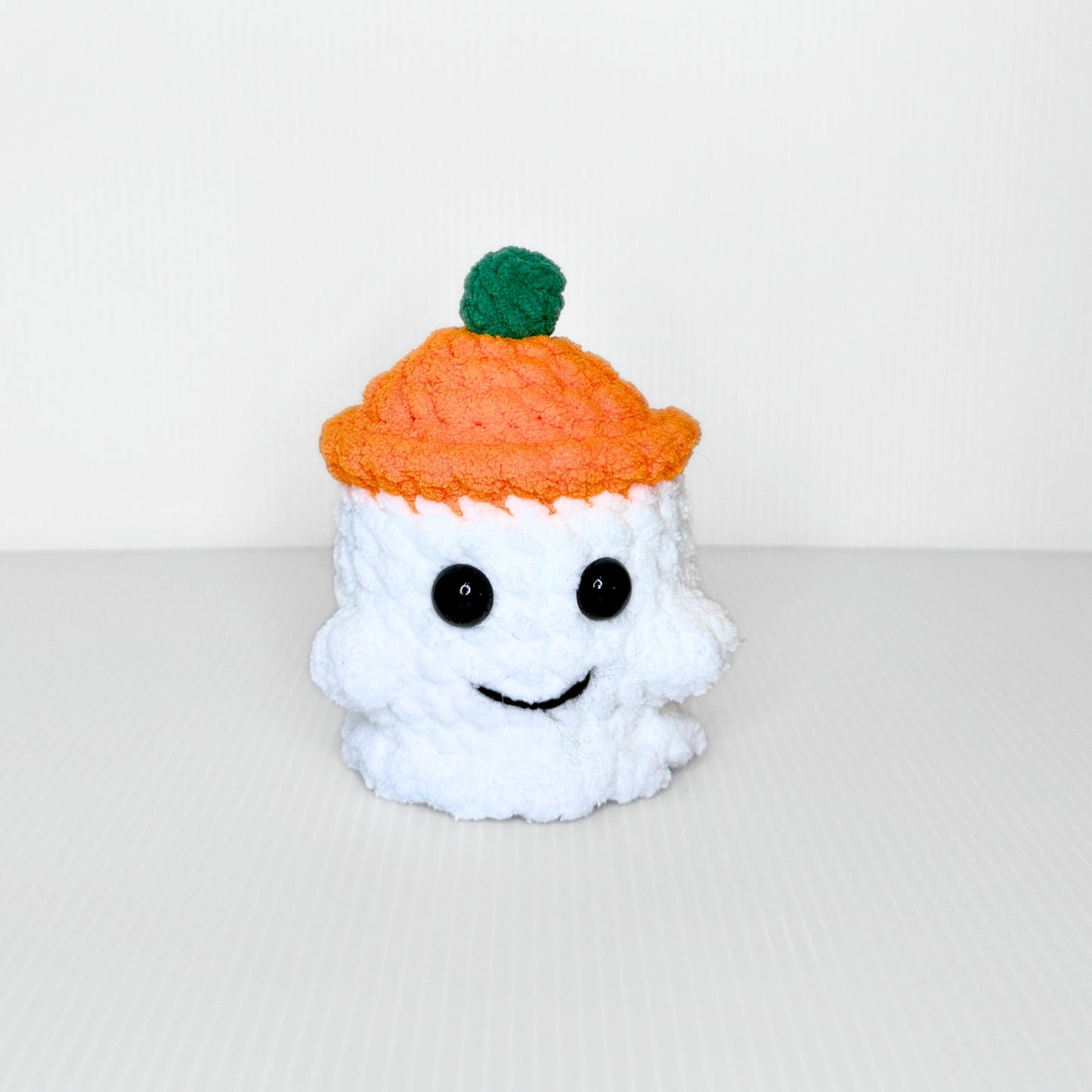 Ghost with Pumpkin Hat — Handmade Crochet Plushie