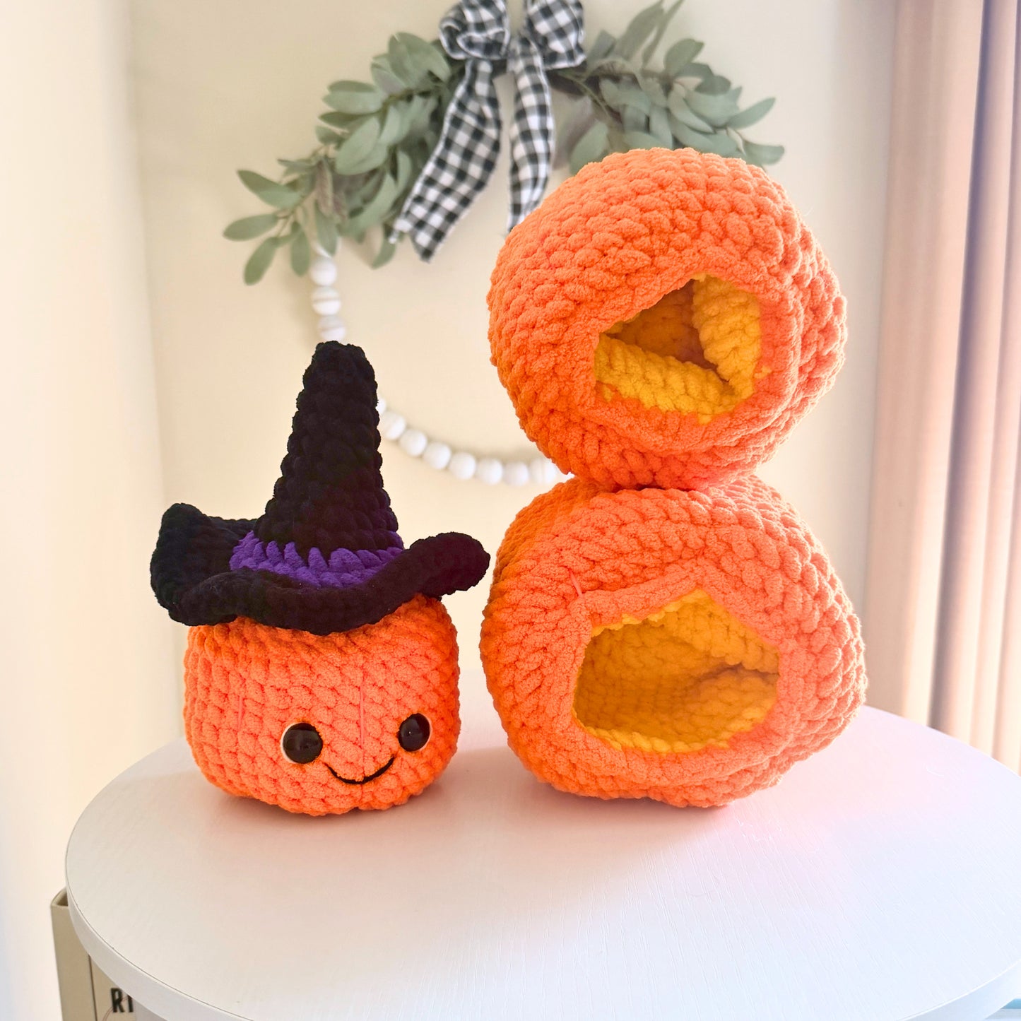 Stacking Pumpkins with Witch Hat — Handmade Crochet Halloween Decor