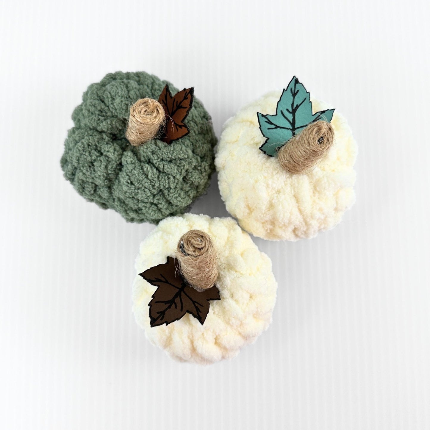 Crochet Pumpkin: Tweed Stem, Leather Leaf - Fall Home Decor - pursuitofcraftyness