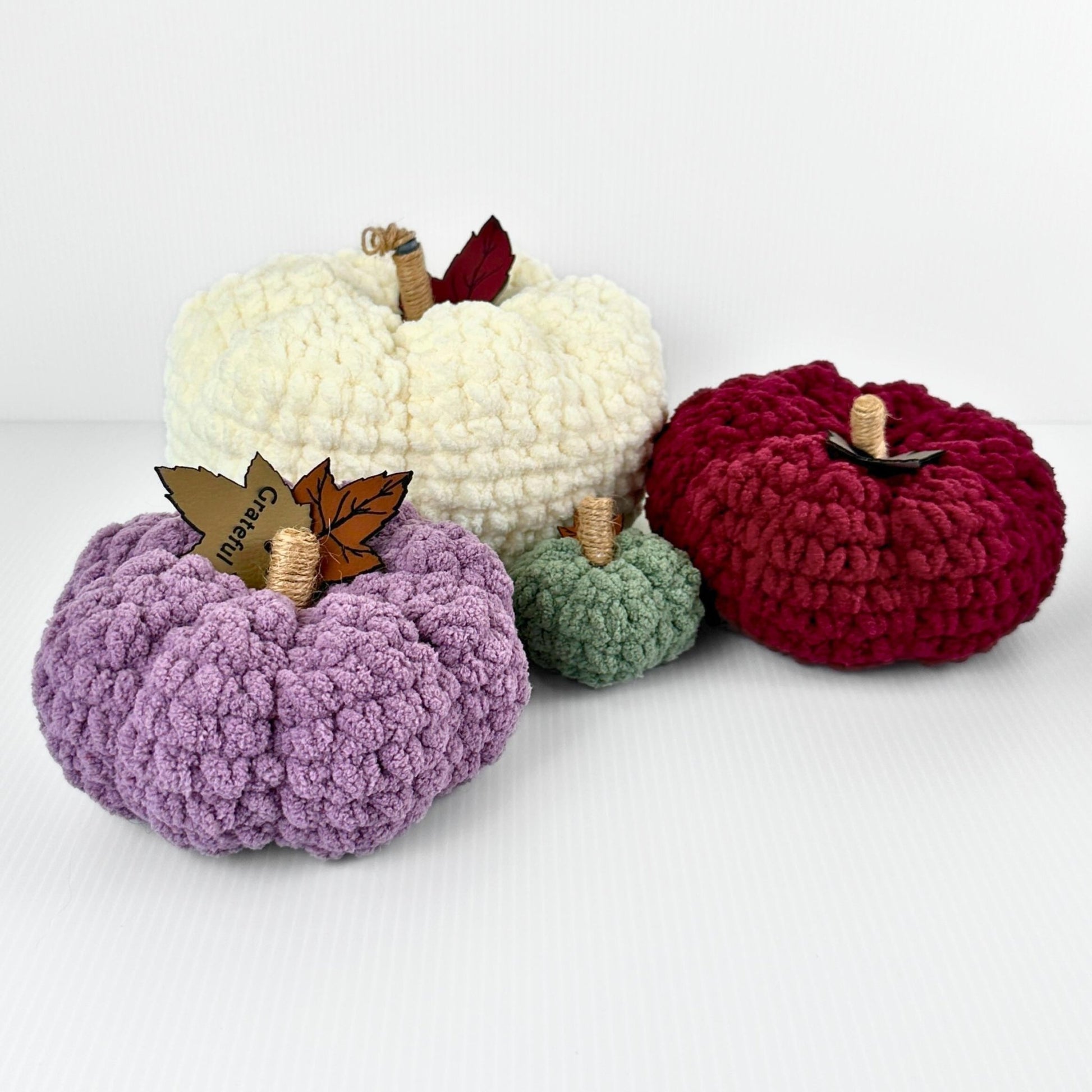 Crochet Pumpkin: Tweed Stem, Leather Leaf - Fall Home Decor - pursuitofcraftyness