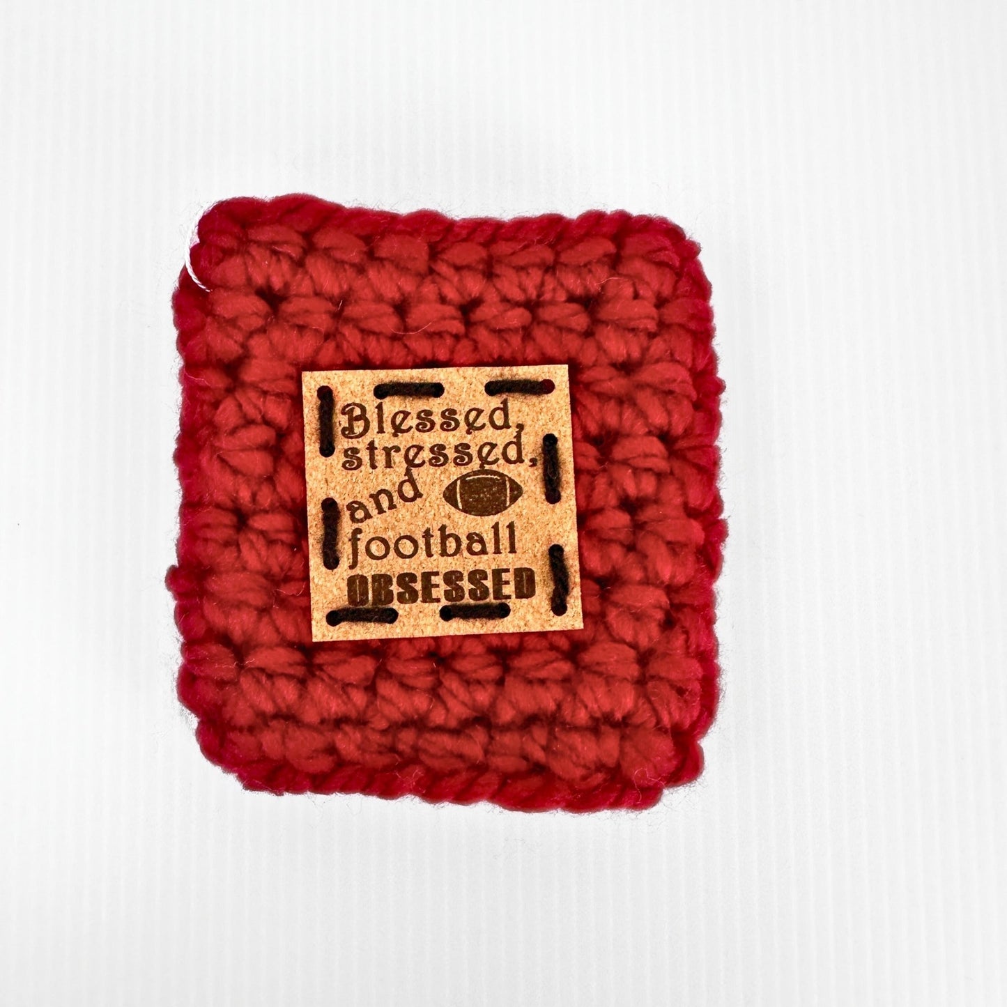 Crochet Travel Mug Coozy with Faux Leather Tag - pursuitofcraftyness