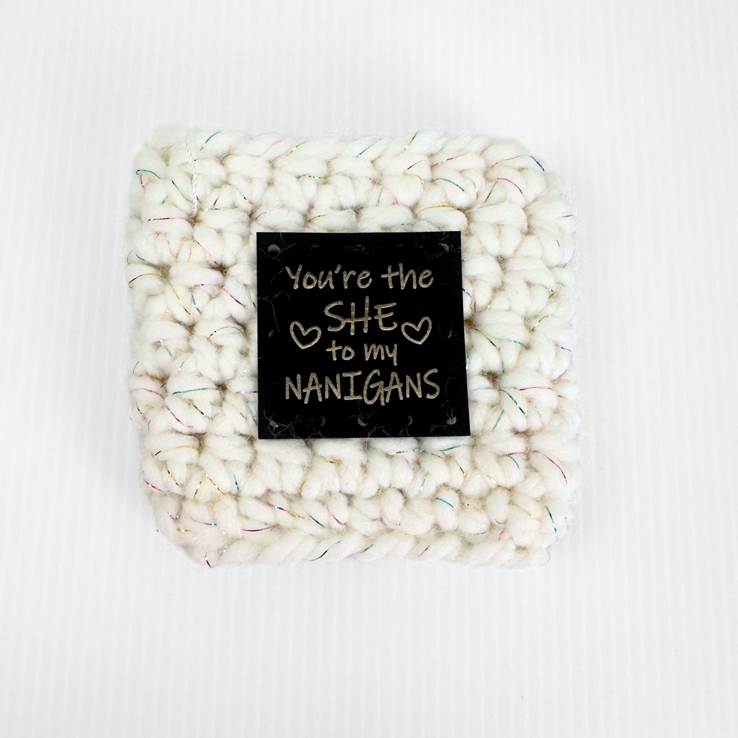 Crochet Travel Mug Coozy with Faux Leather Tag - pursuitofcraftyness