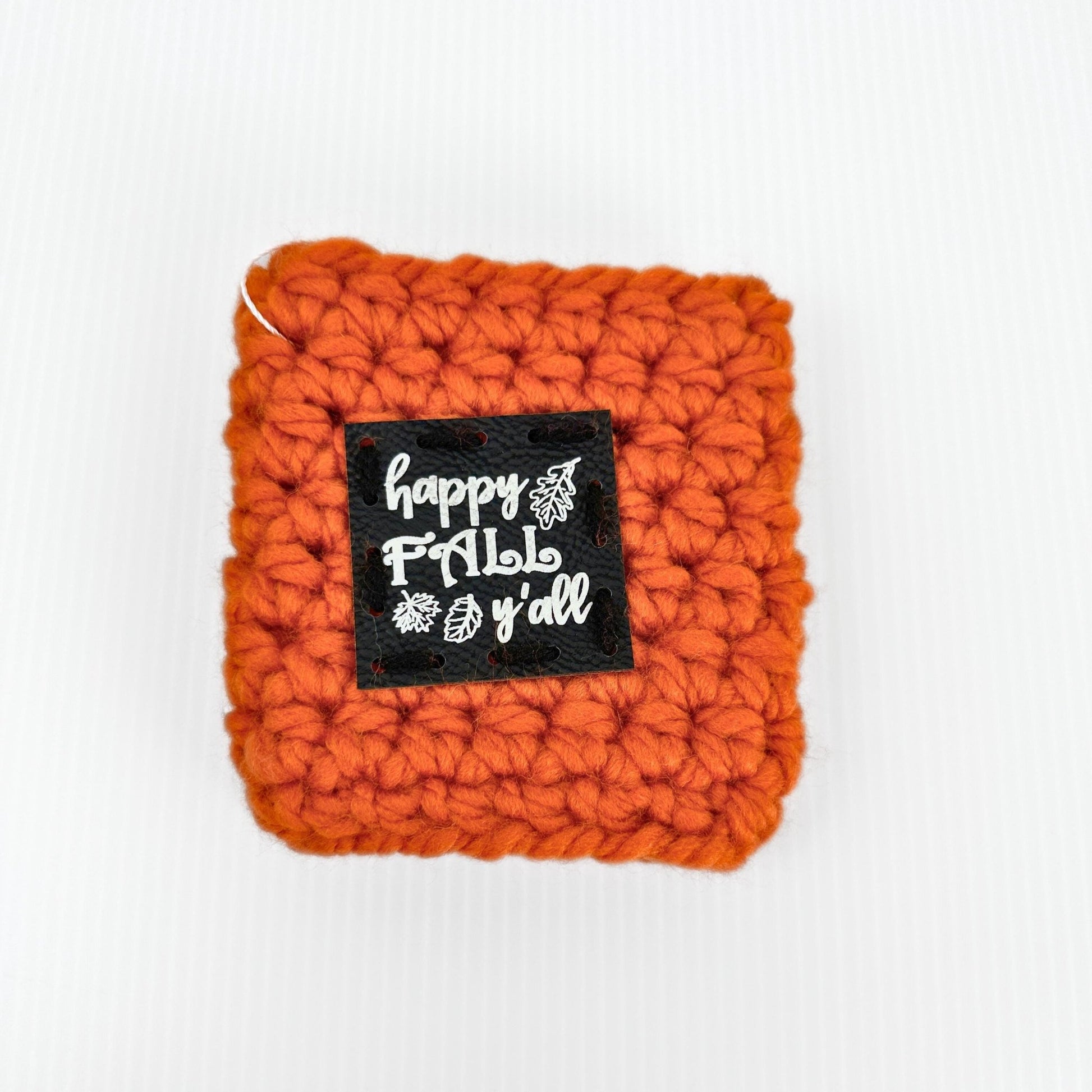 Crochet Wool Travel Mug Coozy with Faux Leather Patch - pursuitofcraftyness