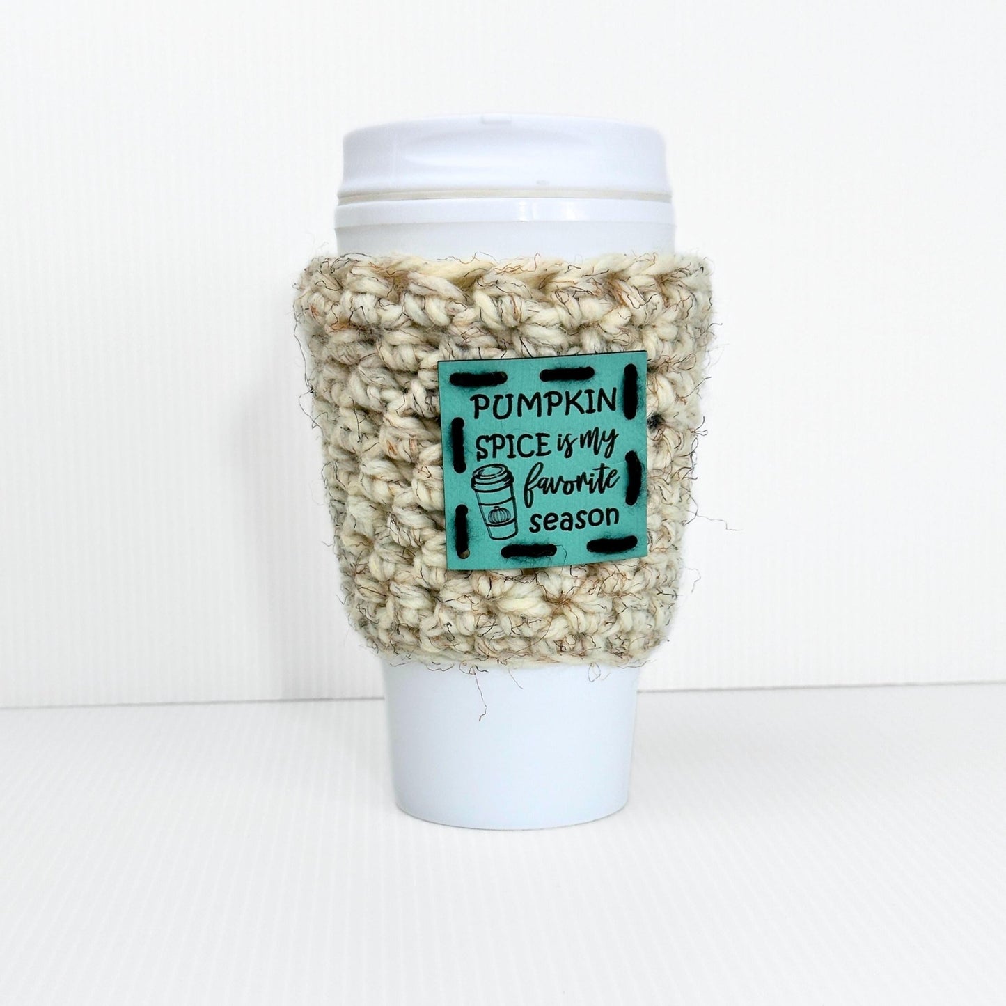 Crochet Wool Travel Mug Coozy with Faux Leather Patch - pursuitofcraftyness