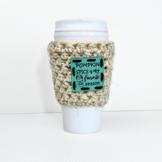 Crochet Wool Travel Mug Coozy with Faux Leather Patch - pursuitofcraftyness