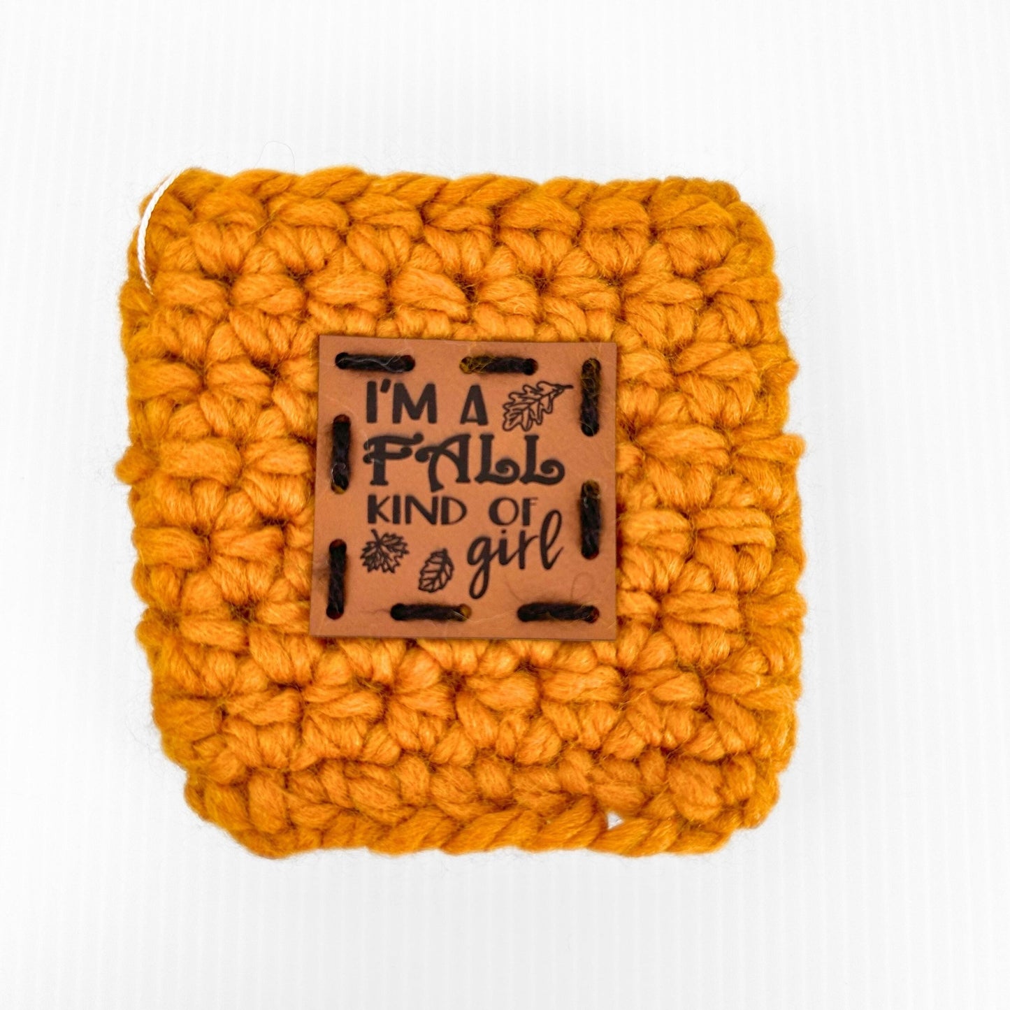 Crochet Wool Travel Mug Coozy with Faux Leather Patch - pursuitofcraftyness