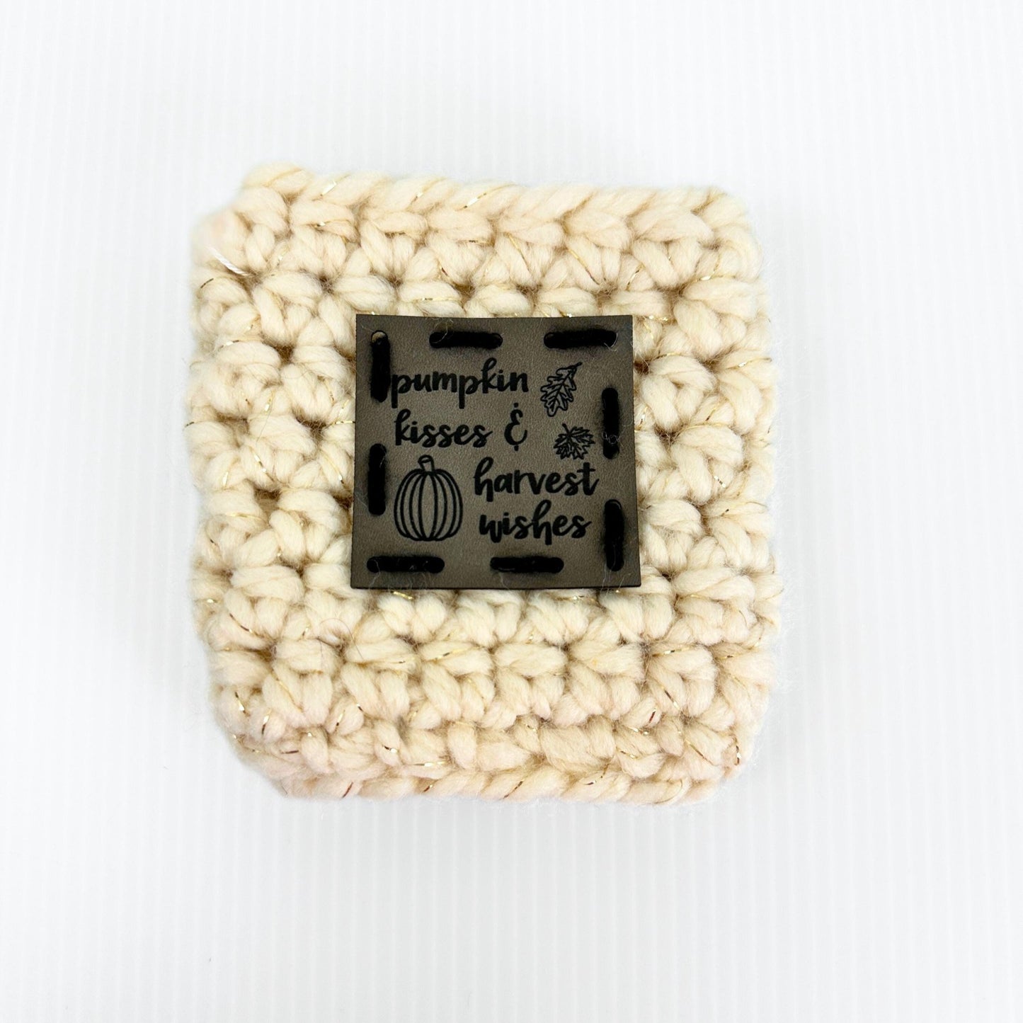 Crochet Wool Travel Mug Coozy with Faux Leather Patch - pursuitofcraftyness