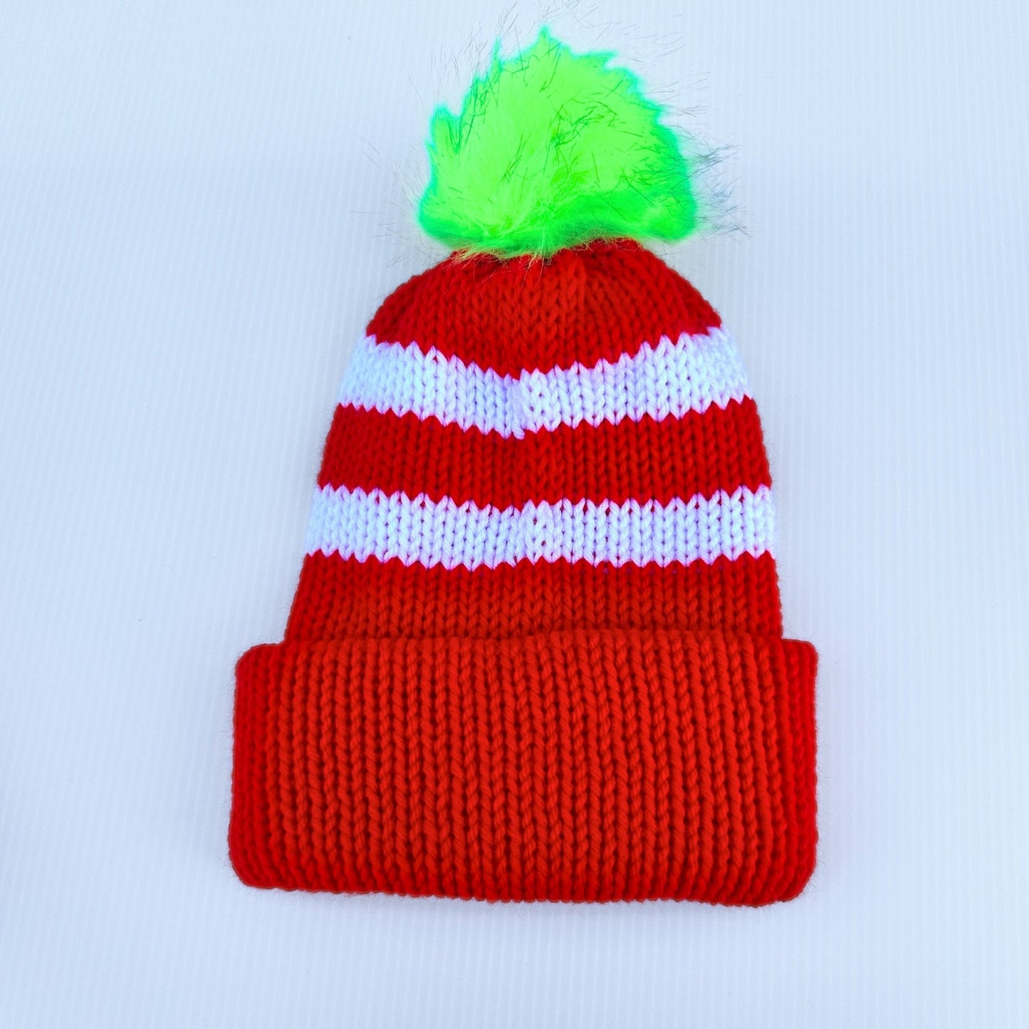 Festive Christmas Hat - Red and White Winter Beanie with Detachable Neon Green Pom - Pom - pursuitofcraftyness