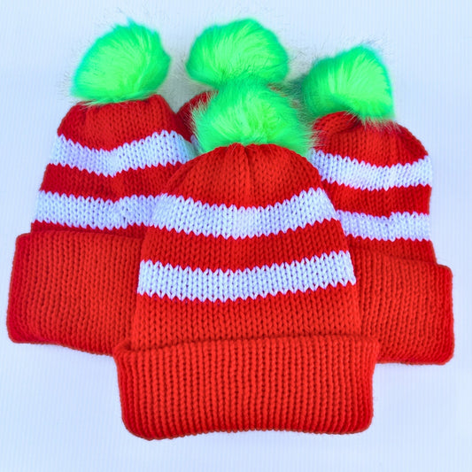 Festive Christmas Hat - Red and White Winter Beanie with Detachable Neon Green Pom - Pom - pursuitofcraftyness
