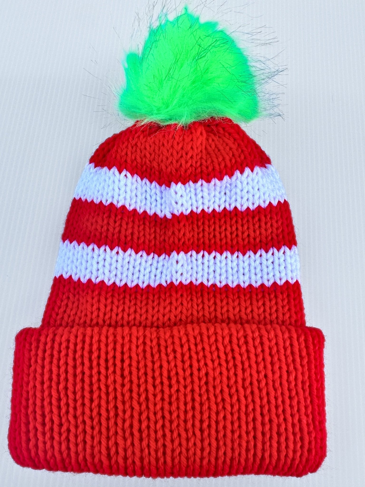 Festive Christmas Hat - Red and White Winter Beanie with Detachable Neon Green Pom - Pom - pursuitofcraftyness
