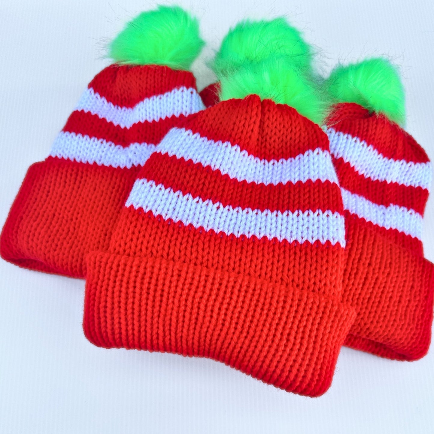 Festive Christmas Hat - Red and White Winter Beanie with Detachable Neon Green Pom - Pom - pursuitofcraftyness