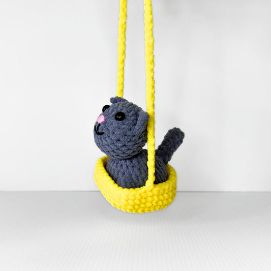 Handmade Crochet Cat Rearview Mirror Charm — Gray Amigurumi Cat in a Yellow Basket with Rope Hanger - pursuitofcraftyness