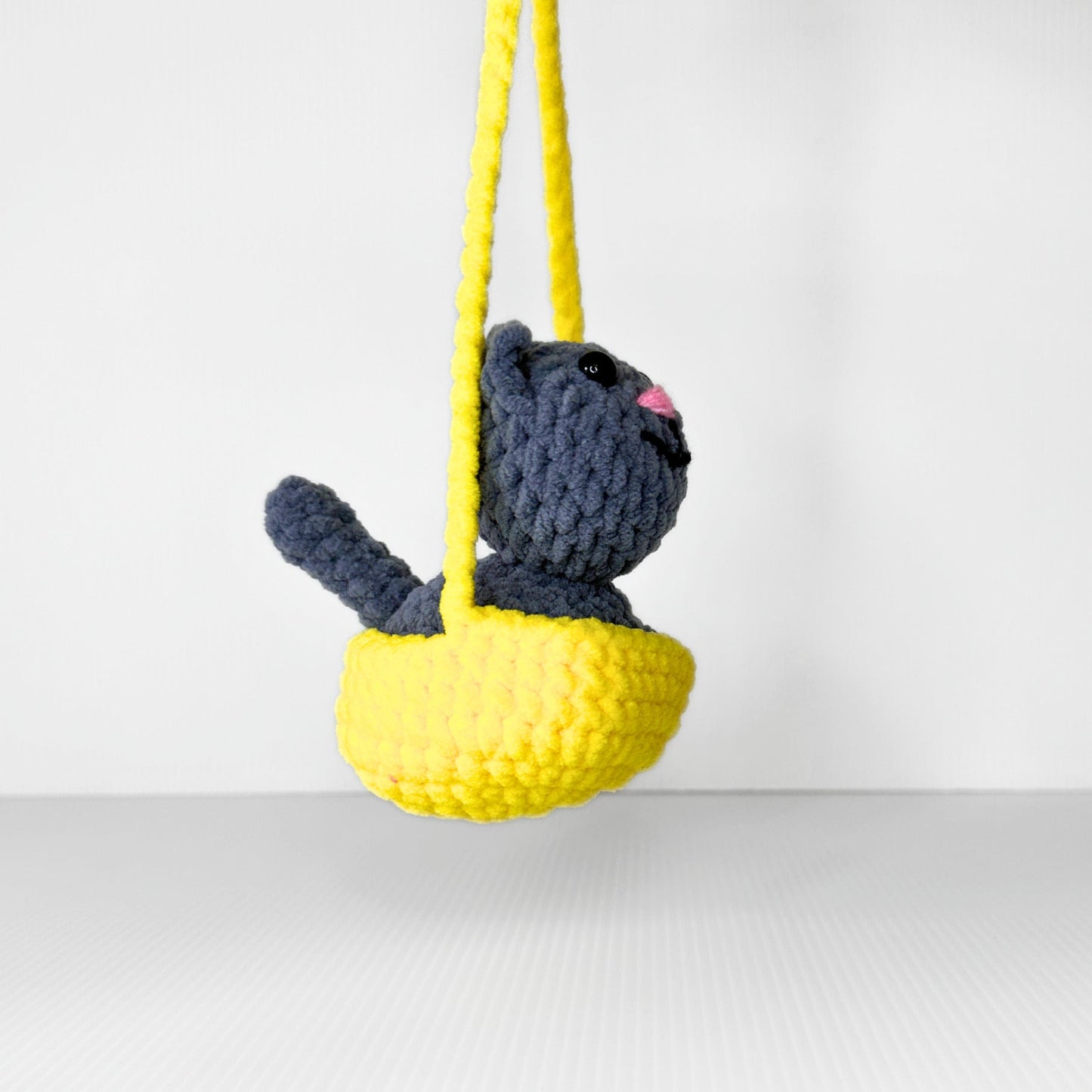Handmade Crochet Cat Rearview Mirror Charm — Gray Amigurumi Cat in a Yellow Basket with Rope Hanger - pursuitofcraftyness