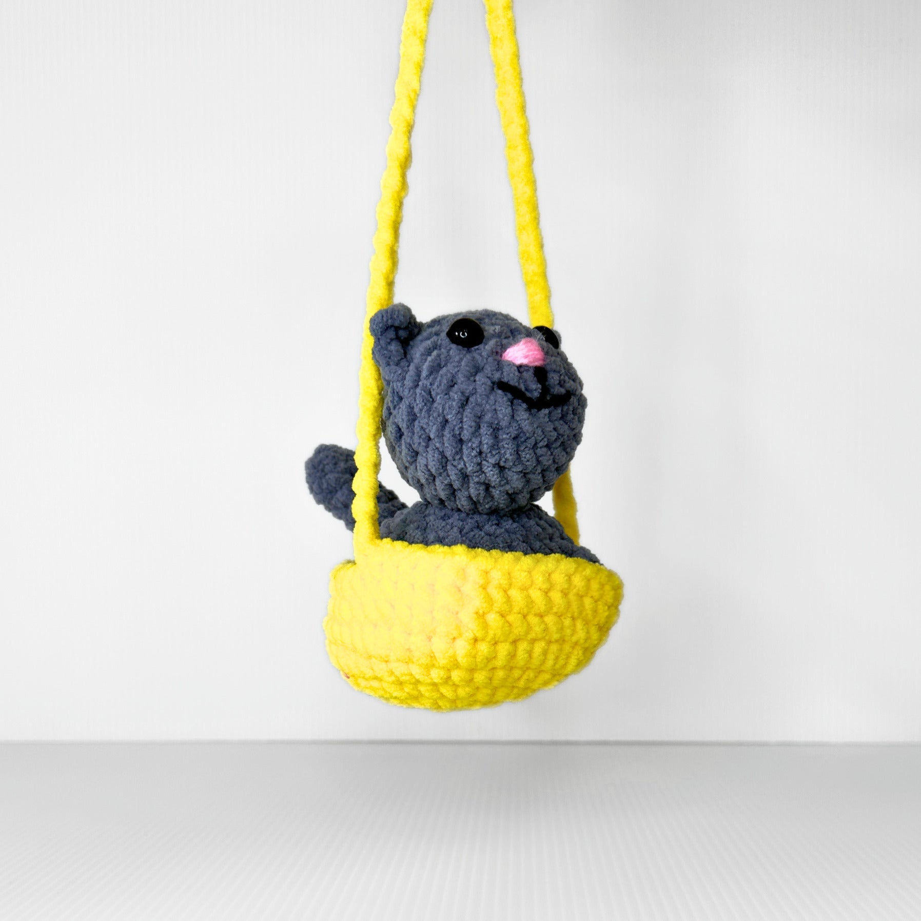 Handmade Crochet Cat Rearview Mirror Charm — Gray Amigurumi Cat in a Yellow Basket with Rope Hanger - pursuitofcraftyness