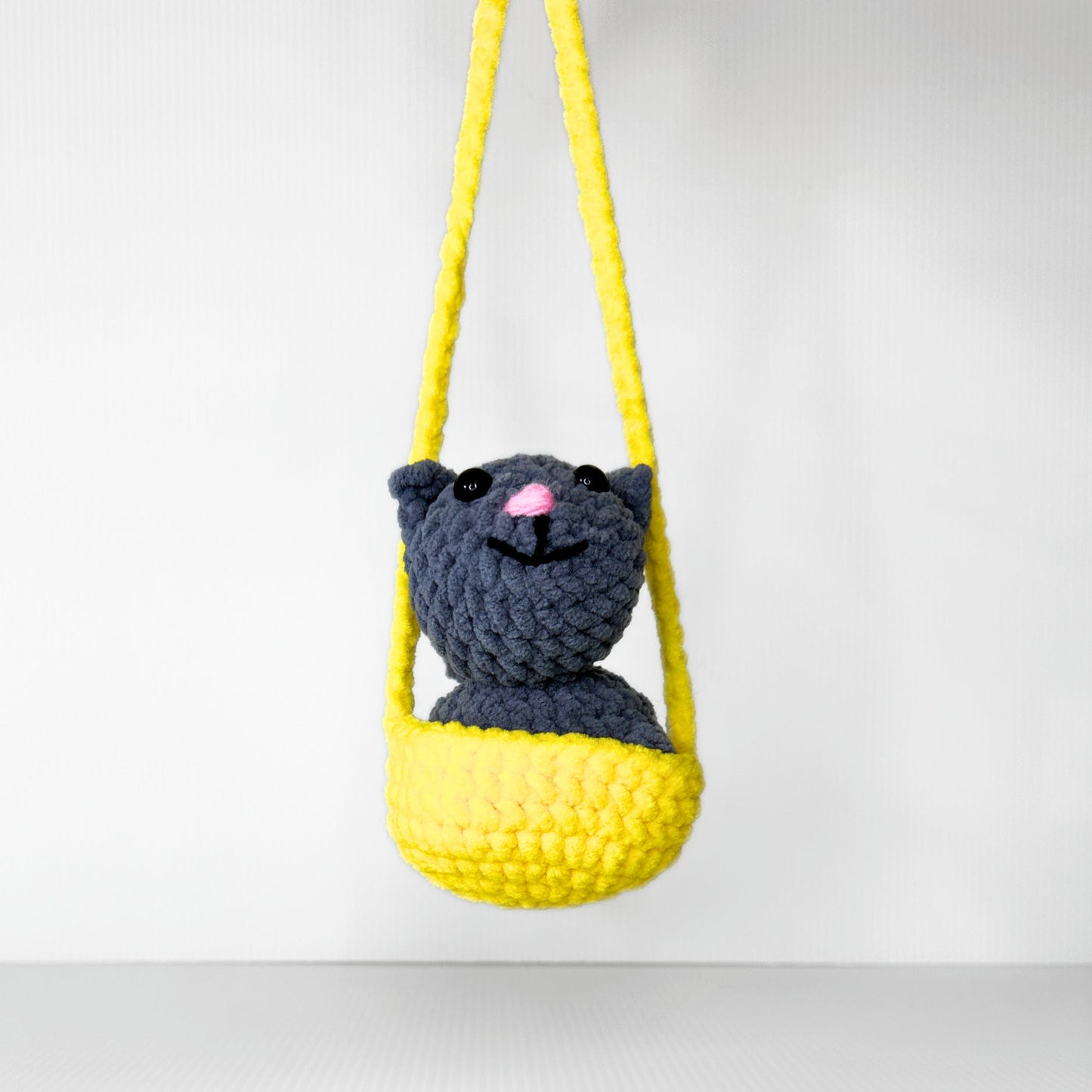 Handmade Crochet Cat Rearview Mirror Charm — Gray Amigurumi Cat in a Yellow Basket with Rope Hanger - pursuitofcraftyness