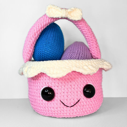 Handmade Crochet Easter Basket – Pink & White Cute Face - pursuitofcraftyness
