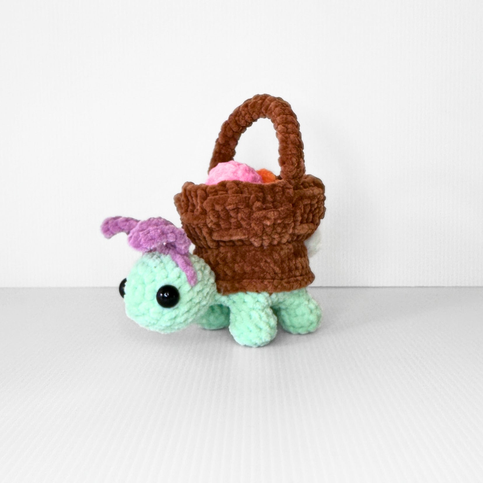 Handmade Crochet Easter Turtle Plushie with Basket and Eggs Spring Shelf Sitter Decor - pursuitofcraftyness