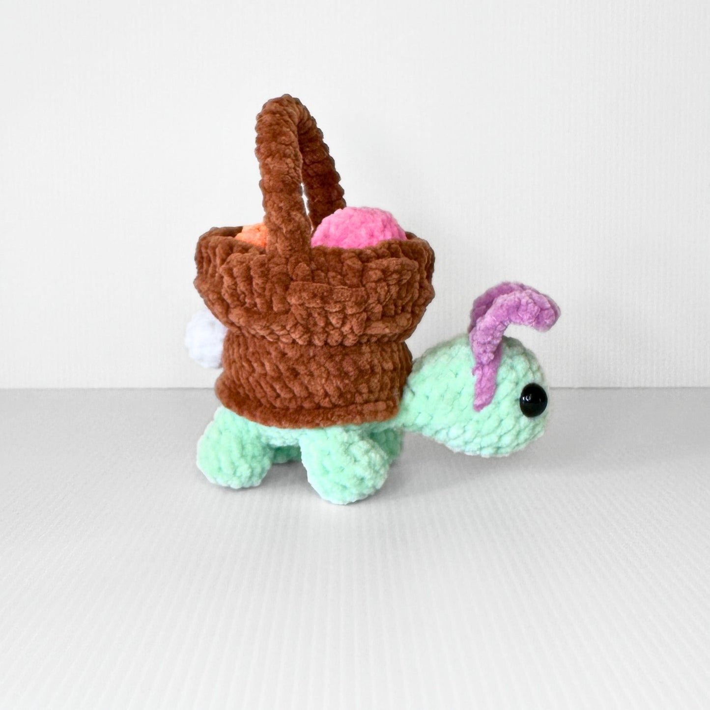 Handmade Crochet Easter Turtle Plushie with Basket and Eggs Spring Shelf Sitter Decor - pursuitofcraftyness