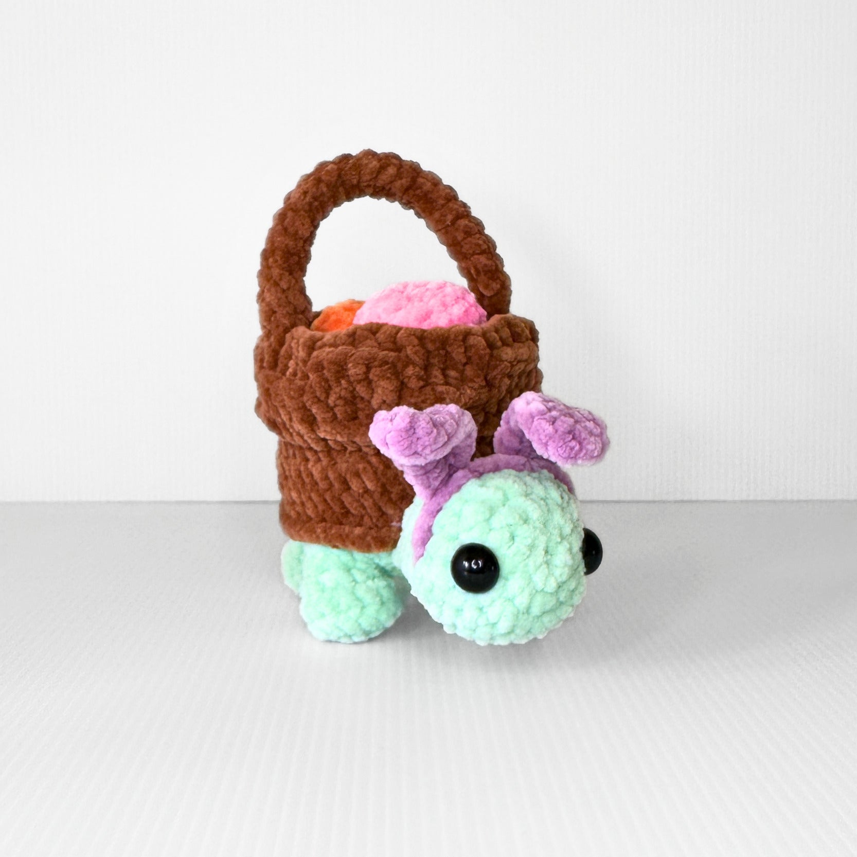 Handmade Crochet Easter Turtle Plushie with Basket and Eggs Spring Shelf Sitter Decor - pursuitofcraftyness