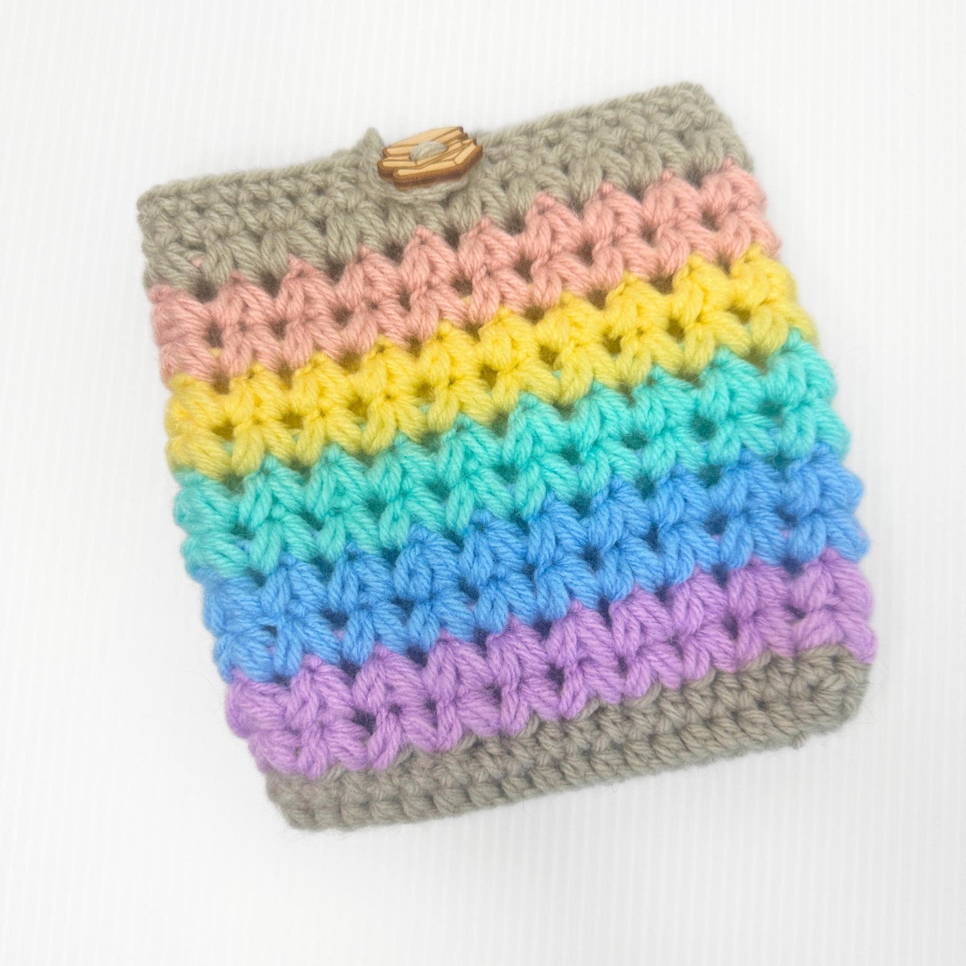 Handmade Crochet Rainbow Kindle Sleeve with Wooden Button - pursuitofcraftyness