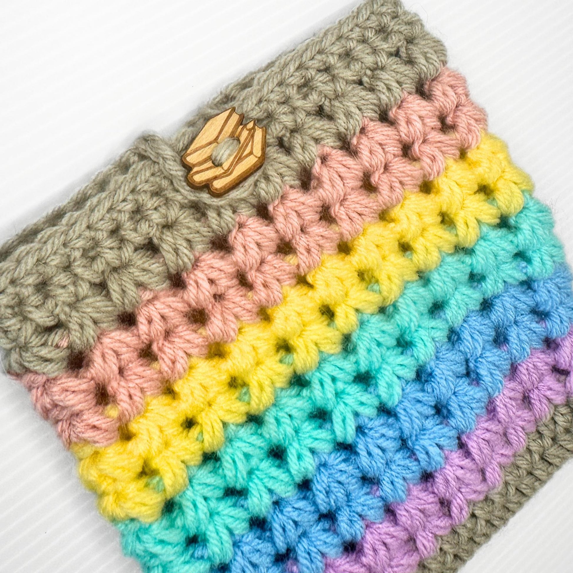 Handmade Crochet Rainbow Kindle Sleeve with Wooden Button - pursuitofcraftyness