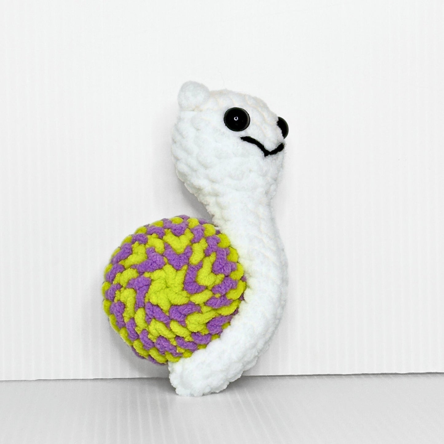 Handmade Disco Snail Crochet Plush — Kawaii Stuffed Snail with Colorful Swirl Shell, Choose Your Color - pursuitofcraftyness