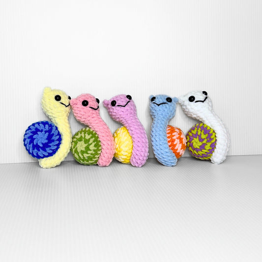 Handmade Disco Snail Crochet Plush — Kawaii Stuffed Snail with Colorful Swirl Shell, Choose Your Color - pursuitofcraftyness