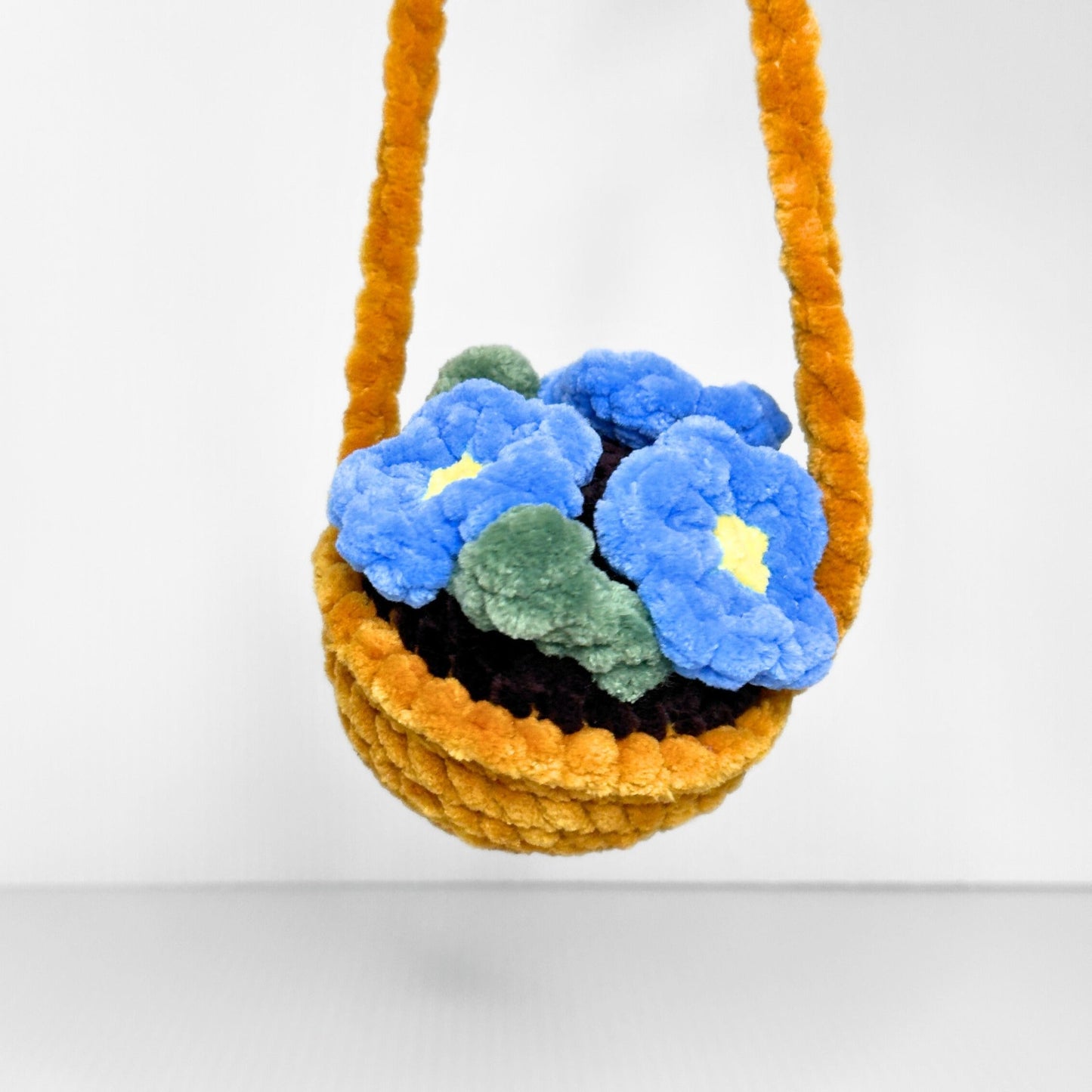 Handmade Hanging Flower Basket Crochet Decor — Blue Pansies in a Golden Mustard Pot with Rope Hanger - pursuitofcraftyness