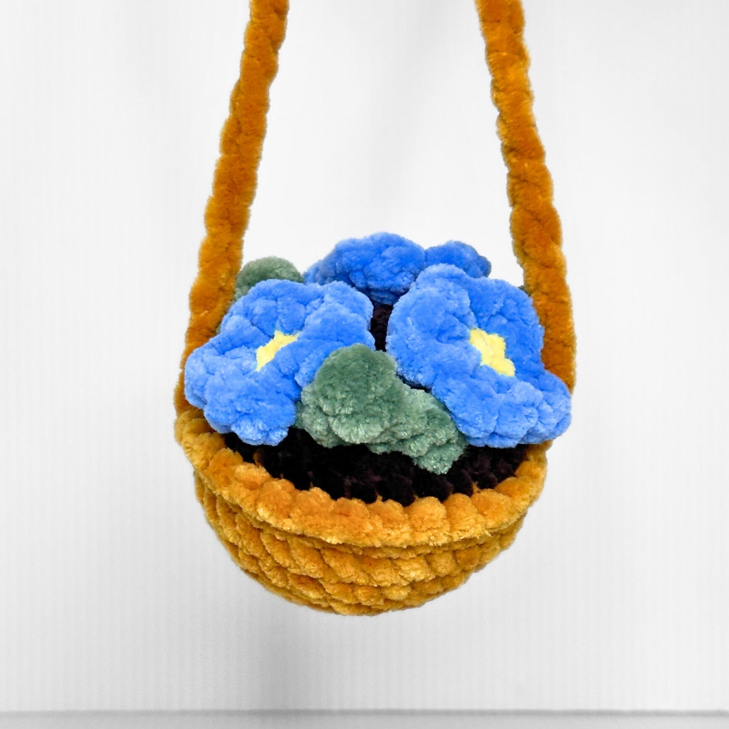 Handmade Hanging Flower Basket Crochet Decor — Blue Pansies in a Golden Mustard Pot with Rope Hanger - pursuitofcraftyness