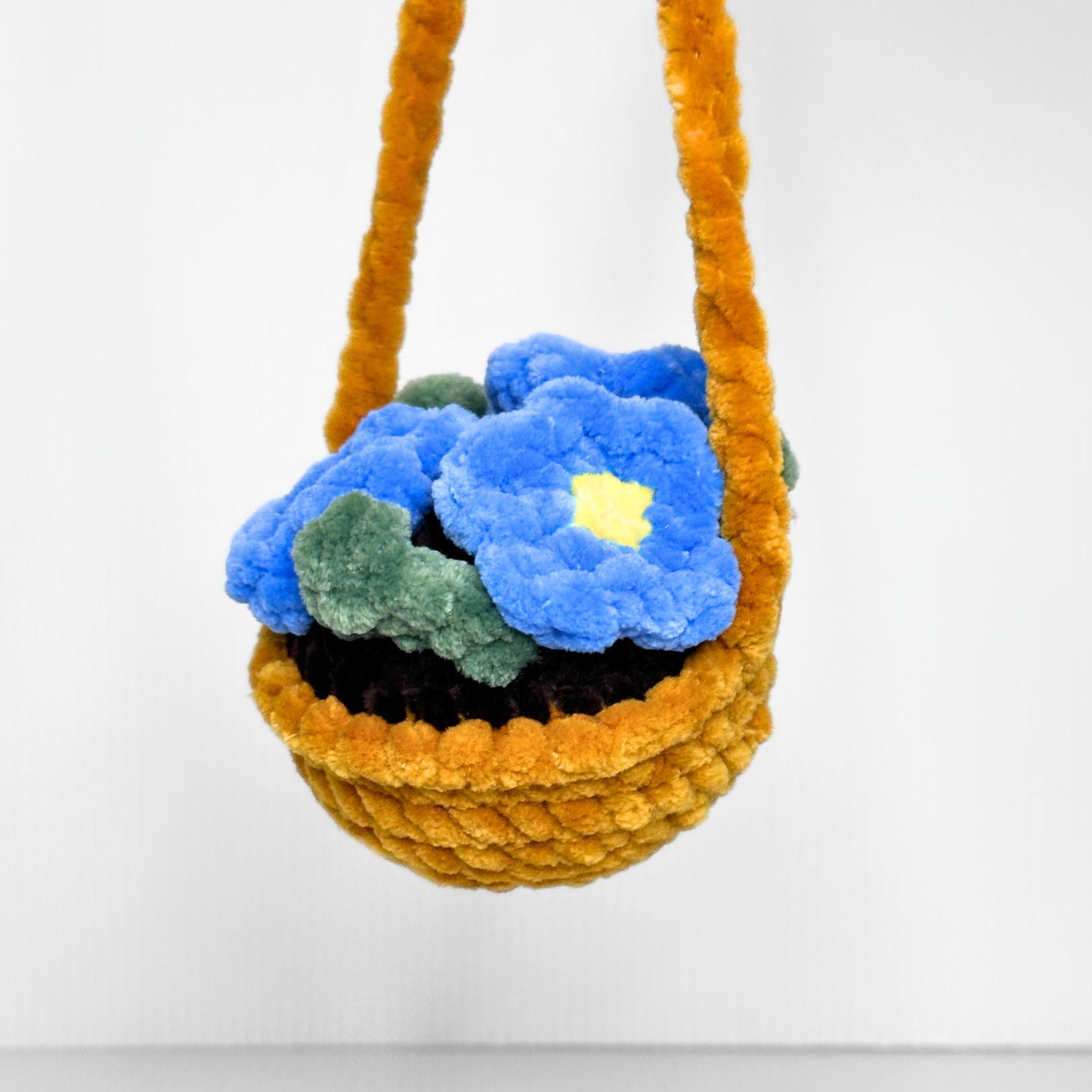 Handmade Hanging Flower Basket Crochet Decor — Blue Pansies in a Golden Mustard Pot with Rope Hanger - pursuitofcraftyness