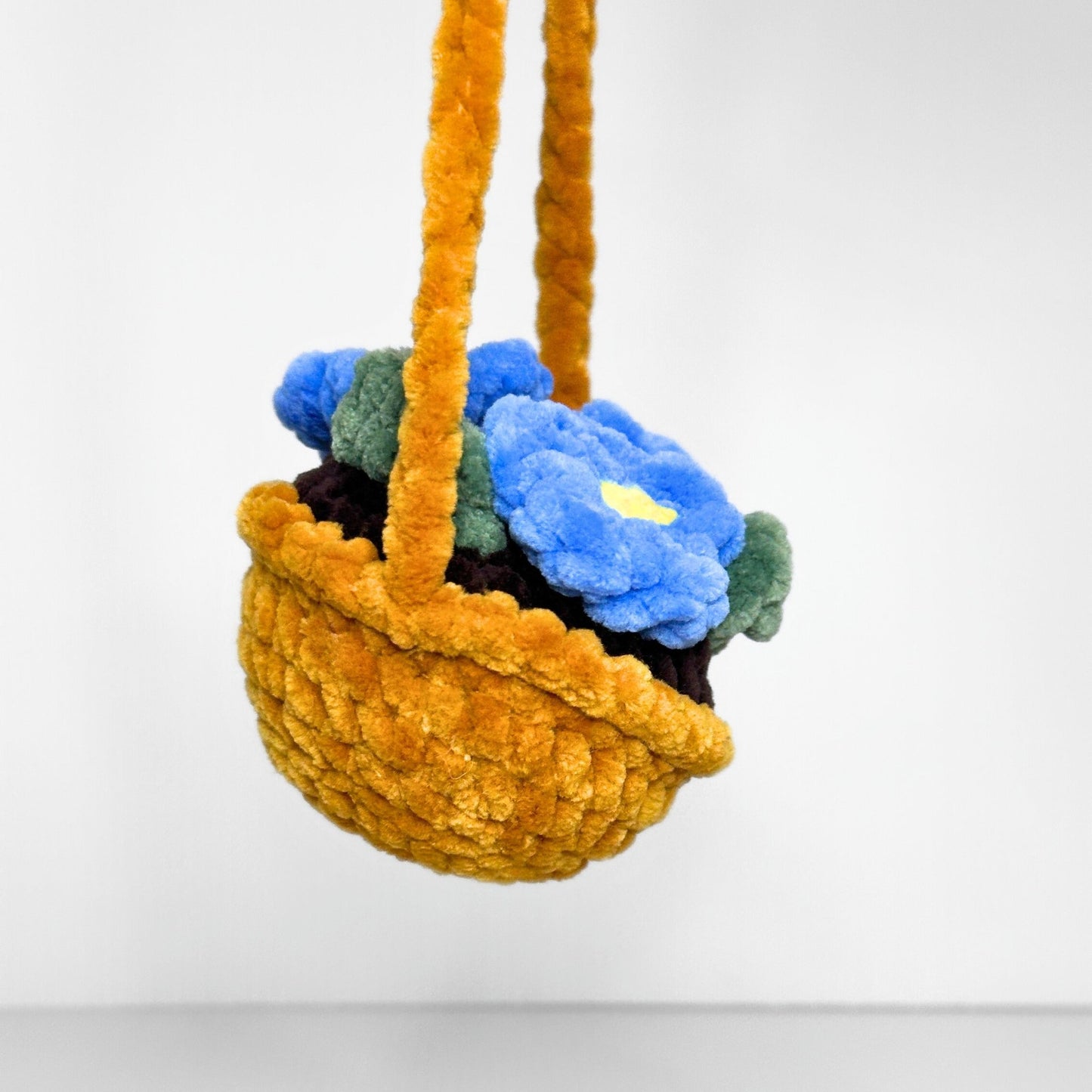 Handmade Hanging Flower Basket Crochet Decor — Blue Pansies in a Golden Mustard Pot with Rope Hanger - pursuitofcraftyness