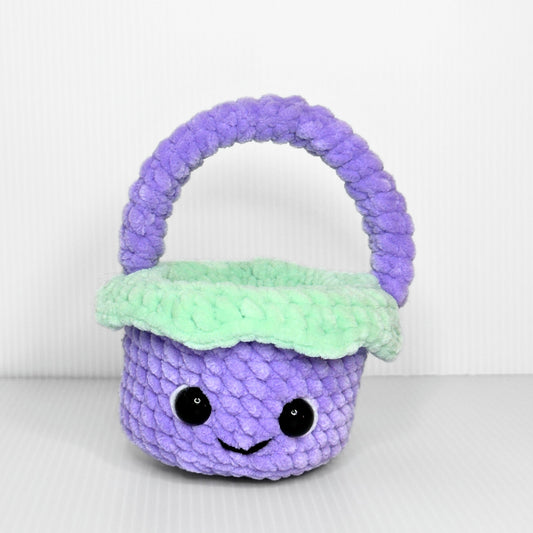 Handmade Kawaii Mini Crochet Easter Basket — Purple Plush Basket with Face and Handle - pursuitofcraftyness