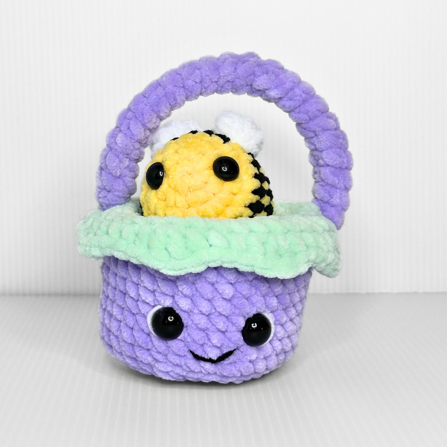 Handmade Kawaii Mini Crochet Easter Basket — Purple Plush Basket with Face and Handle - pursuitofcraftyness