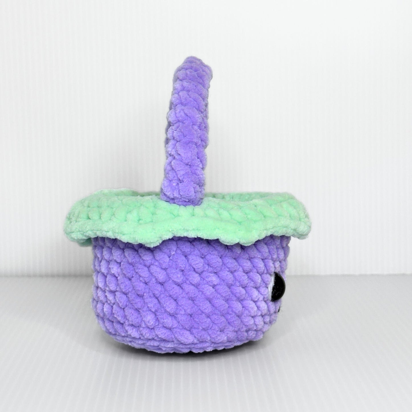 Handmade Kawaii Mini Crochet Easter Basket — Purple Plush Basket with Face and Handle - pursuitofcraftyness