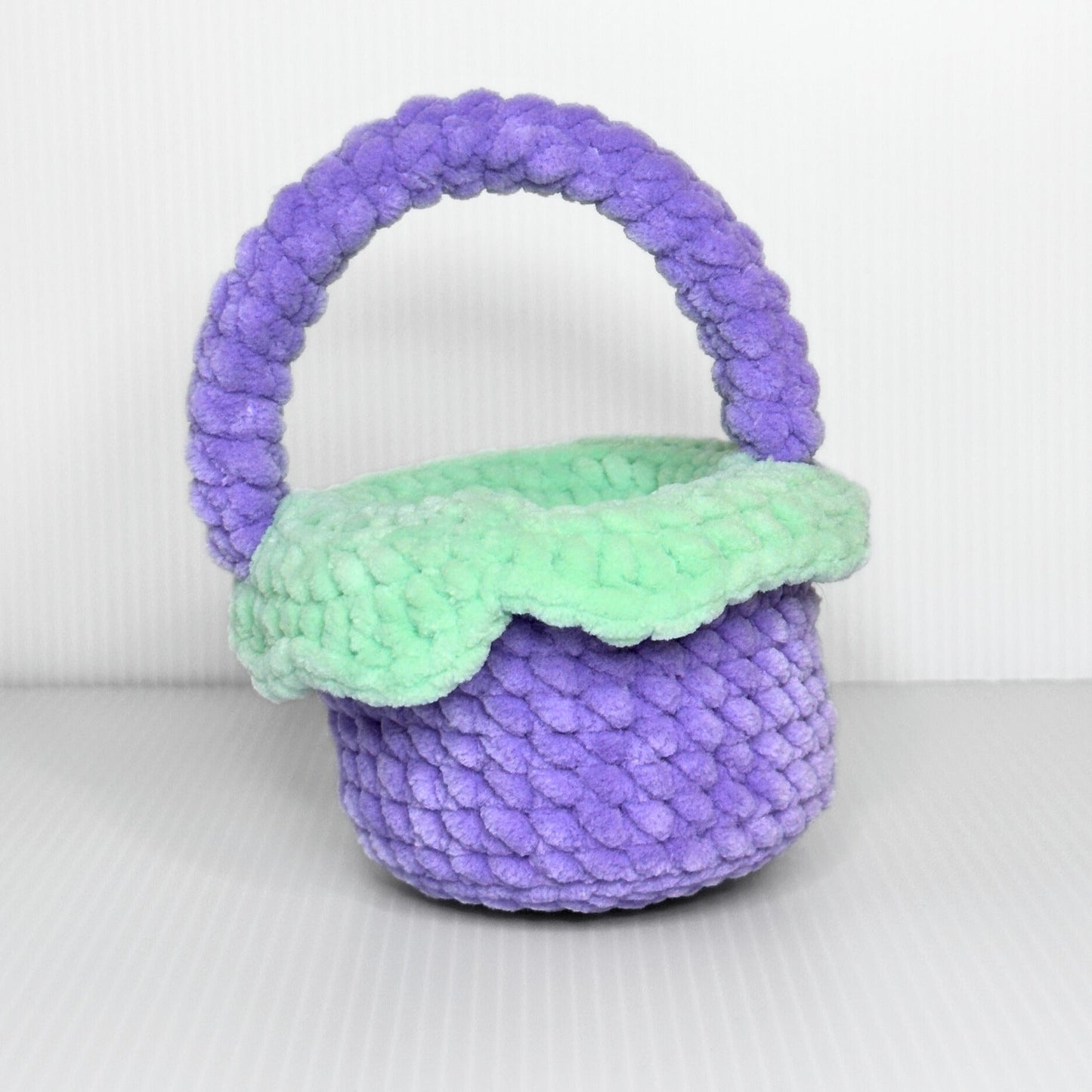 Handmade Kawaii Mini Crochet Easter Basket — Purple Plush Basket with Face and Handle - pursuitofcraftyness