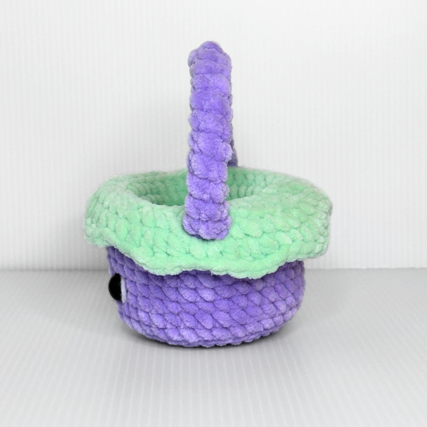 Handmade Kawaii Mini Crochet Easter Basket — Purple Plush Basket with Face and Handle - pursuitofcraftyness