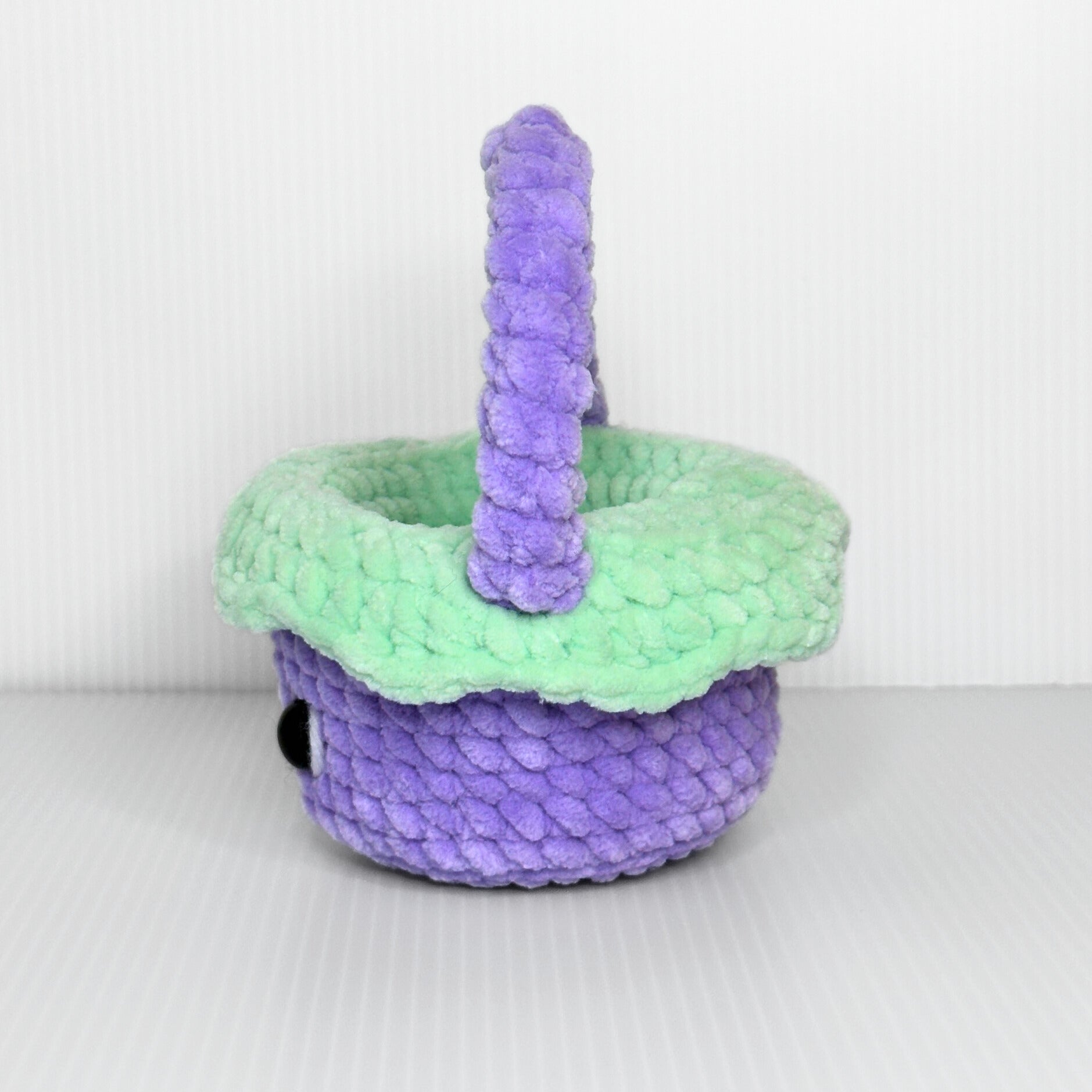 Handmade Kawaii Mini Crochet Easter Basket — Purple Plush Basket with Face and Handle - pursuitofcraftyness