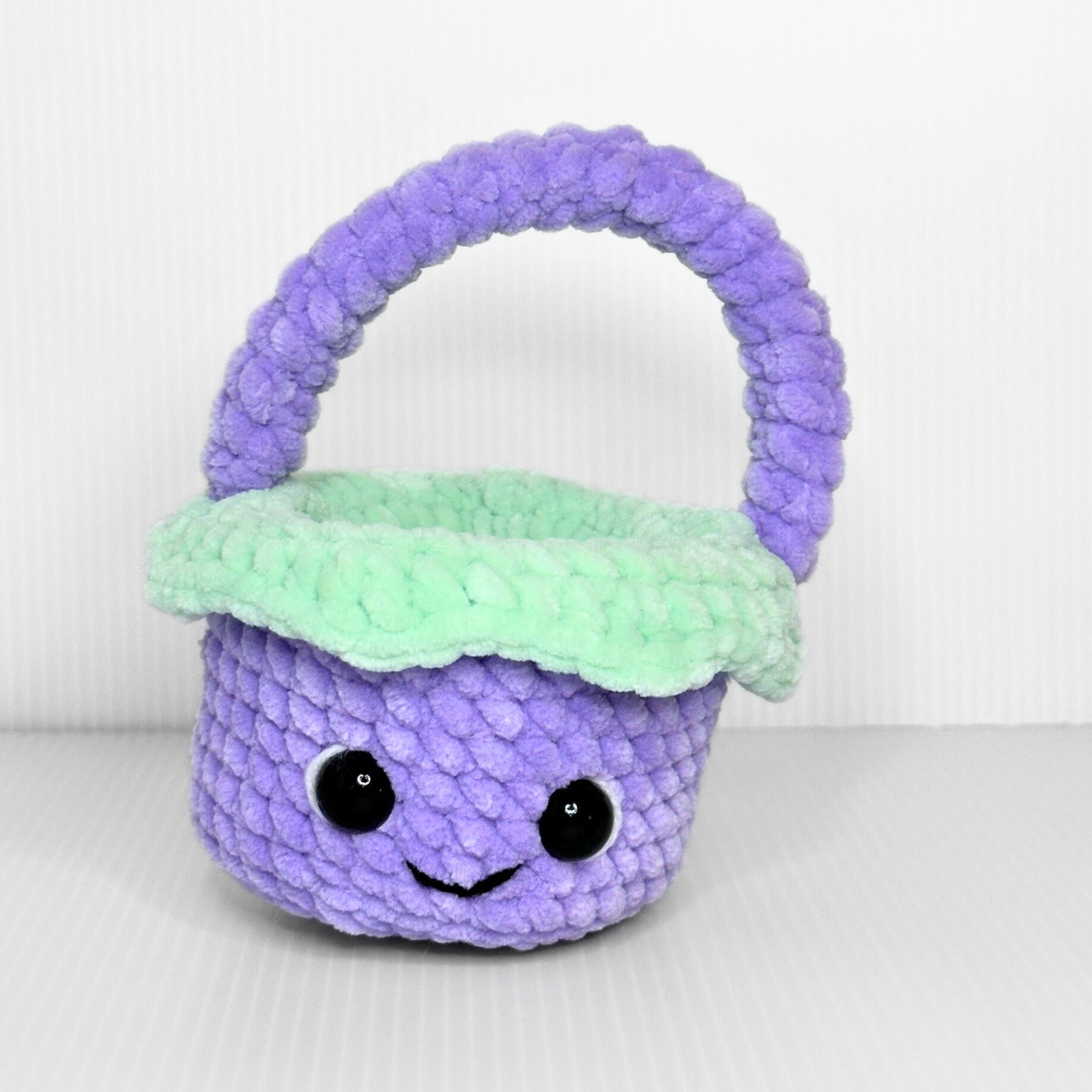 Handmade Kawaii Mini Crochet Easter Basket — Purple Plush Basket with Face and Handle - pursuitofcraftyness