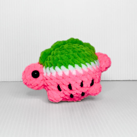 Handmade Melonasaurus Crochet Plush — Kawaii Watermelon Dinosaur in Pink and Green Chunky Yarn - pursuitofcraftyness