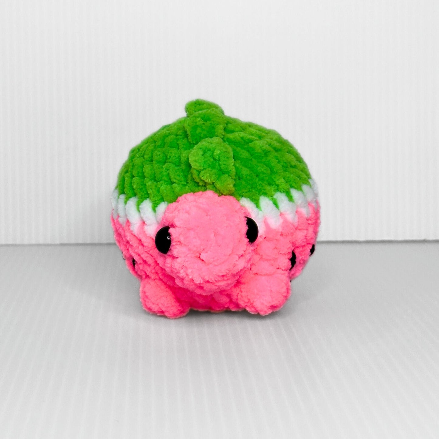 Handmade Melonasaurus Crochet Plush — Kawaii Watermelon Dinosaur in Pink and Green Chunky Yarn - pursuitofcraftyness