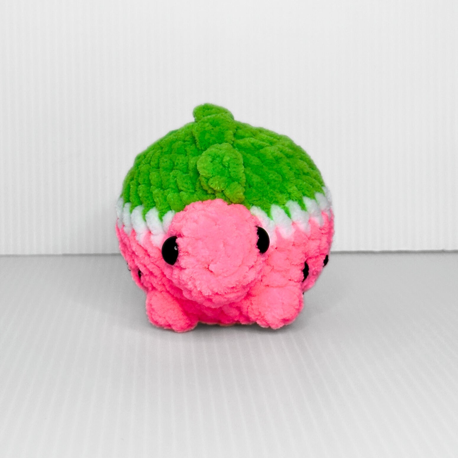 Handmade Melonasaurus Crochet Plush — Kawaii Watermelon Dinosaur in Pink and Green Chunky Yarn - pursuitofcraftyness