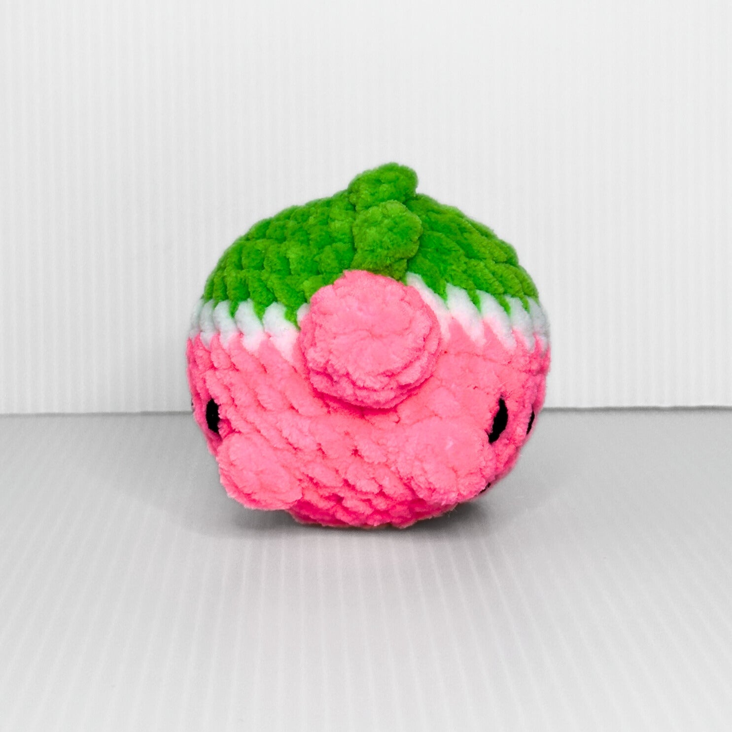 Handmade Melonasaurus Crochet Plush — Kawaii Watermelon Dinosaur in Pink and Green Chunky Yarn - pursuitofcraftyness