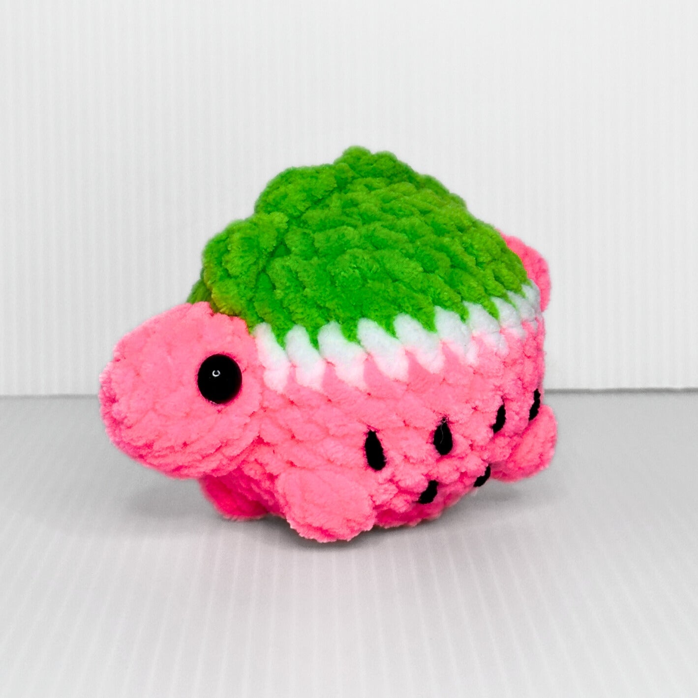 Handmade Melonasaurus Crochet Plush — Kawaii Watermelon Dinosaur in Pink and Green Chunky Yarn - pursuitofcraftyness