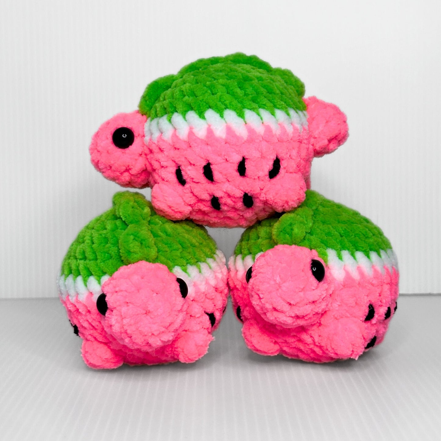 Handmade Melonasaurus Crochet Plush — Kawaii Watermelon Dinosaur in Pink and Green Chunky Yarn - pursuitofcraftyness