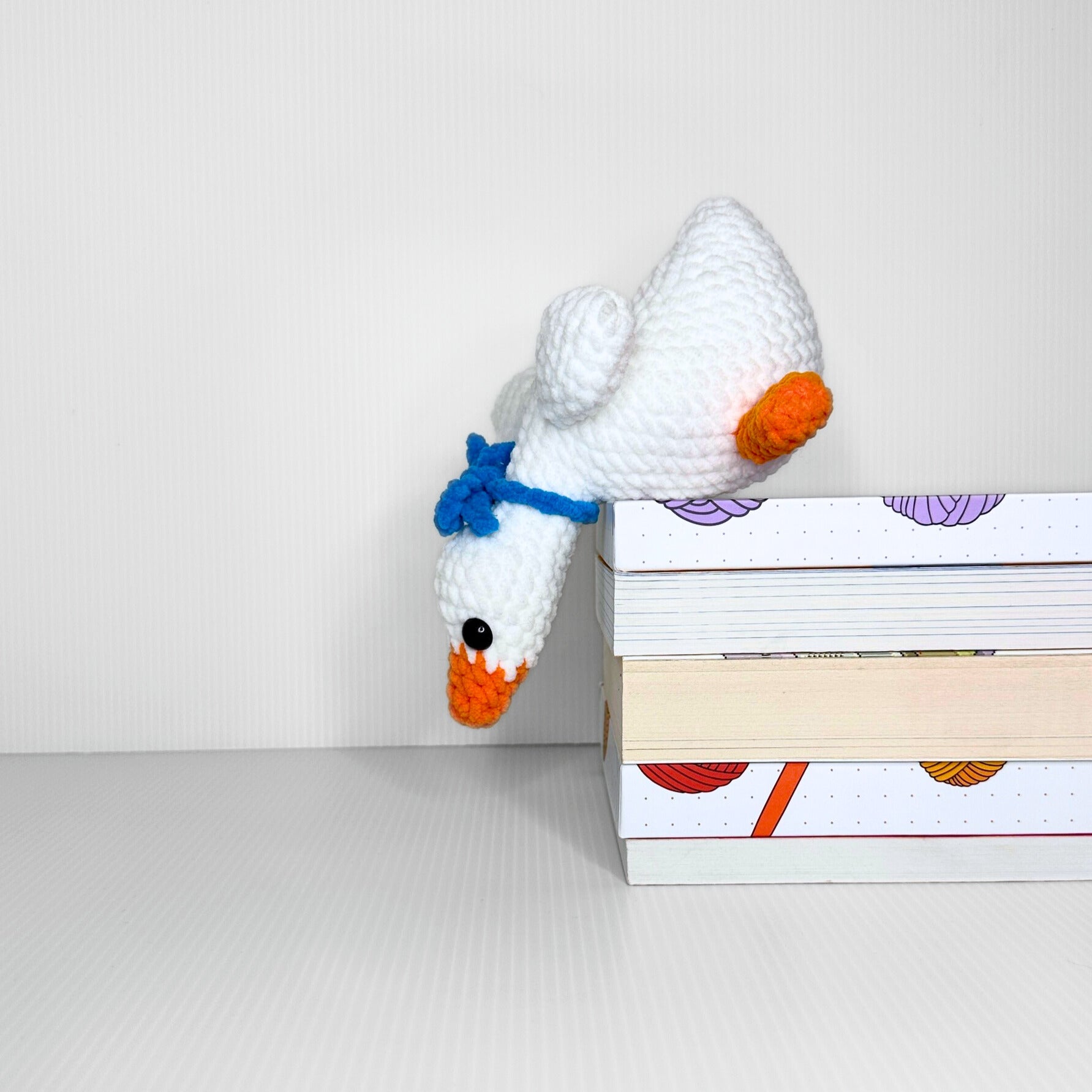 Handmade Shelf Goose Crochet Plush — Draping White Goose with Blue Bow Tie - pursuitofcraftyness